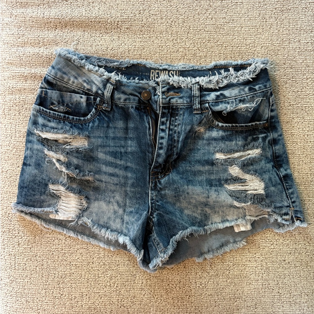 Rewash Distressed Blue Jean Shorts with Frayed Hem